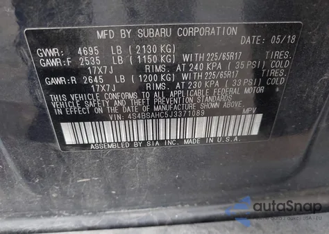 2018 Subaru Outback 2.5I Premium from USA, damaged, VIN 4S4BSAHC5J3371089